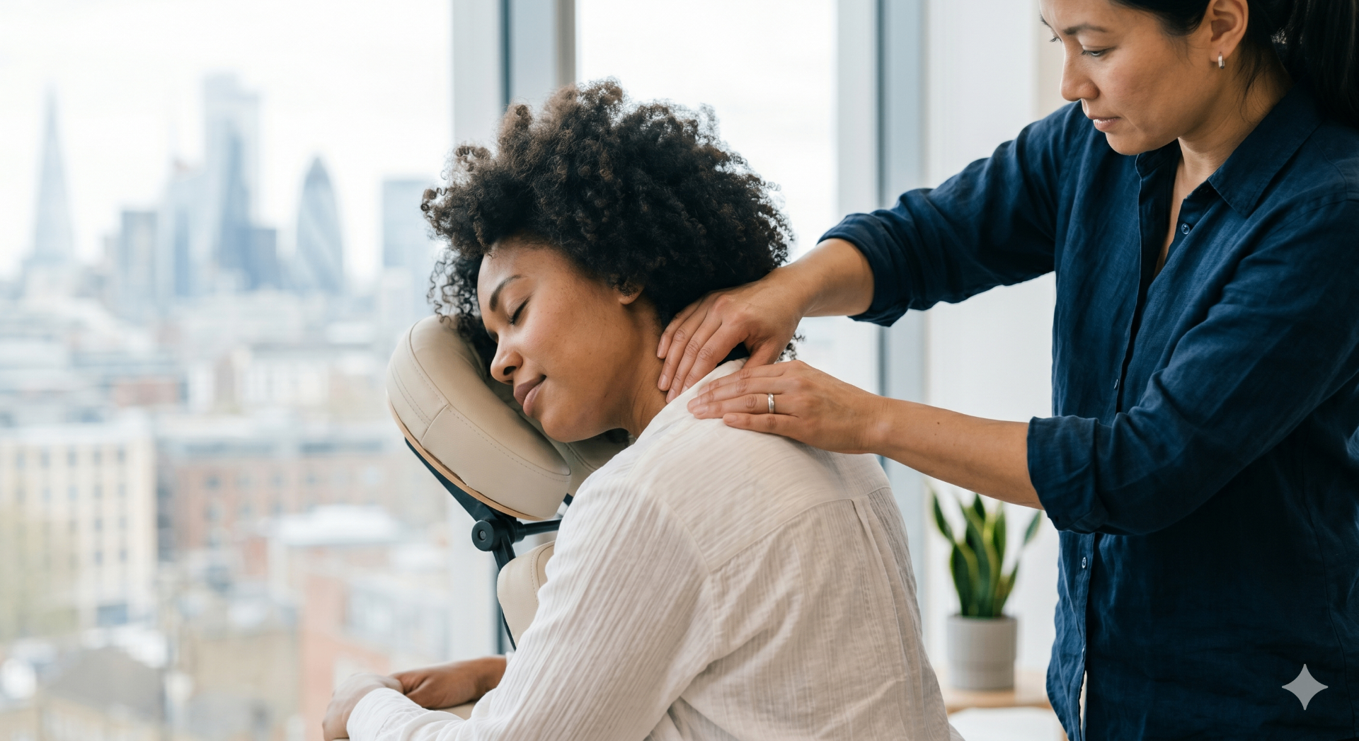 Terapeuta aplicando Quick Massage em colaborador sentado em cadeira ergonômica
