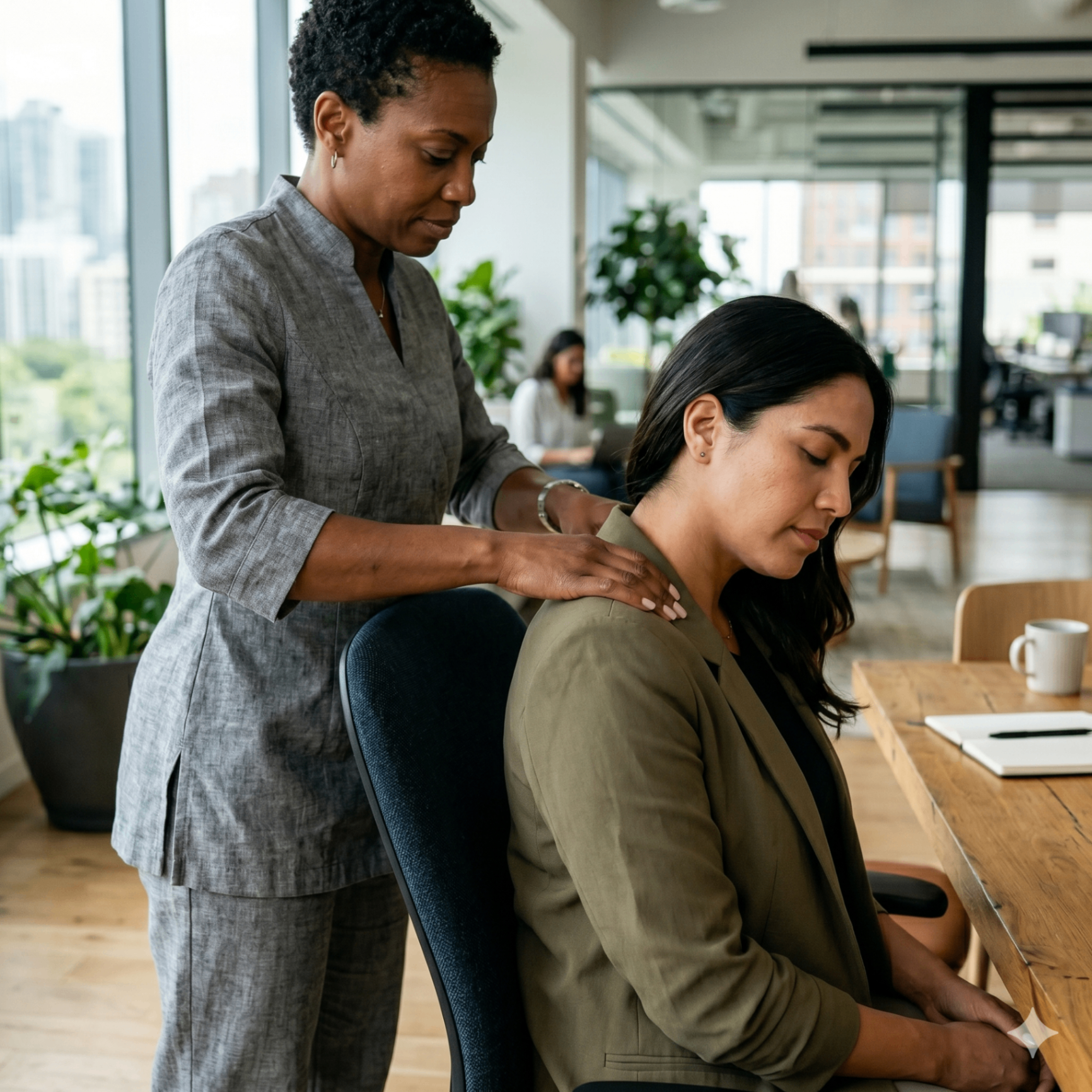 Terapeuta aplicando massagem nos ombros de colaboradora em ambiente corporativo
