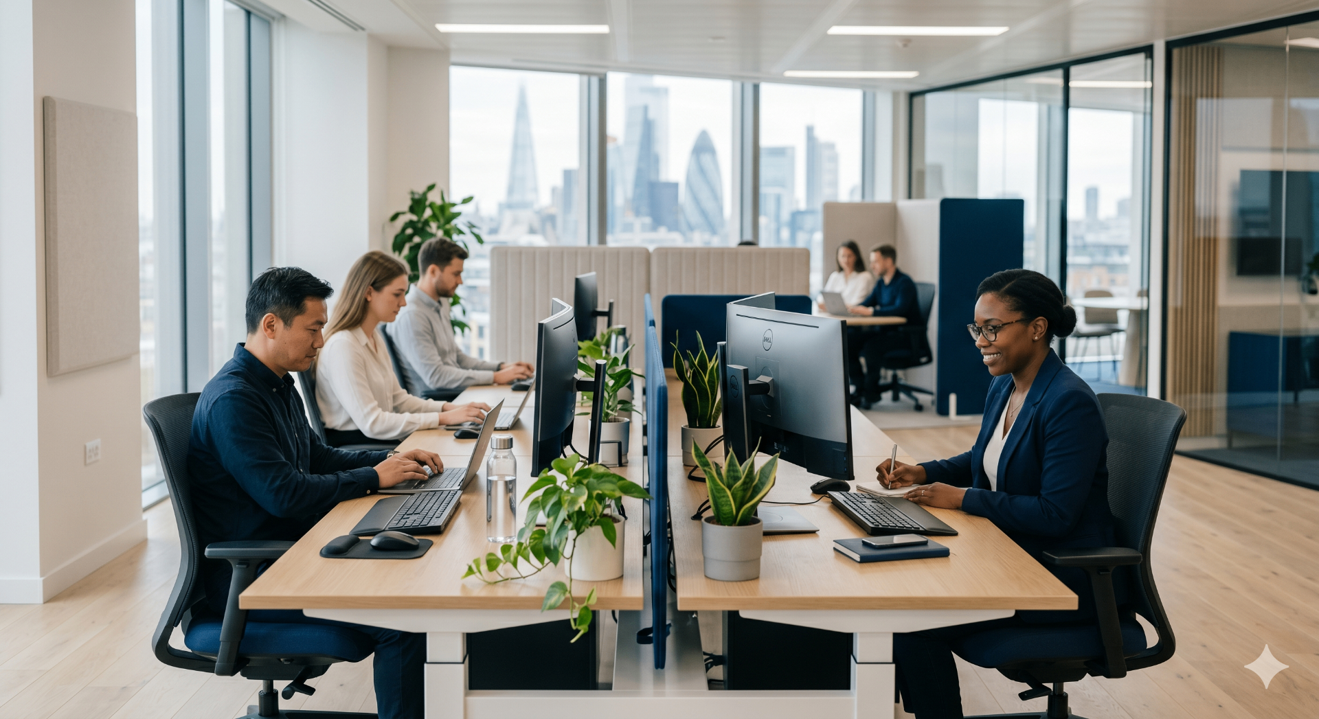 Colaboradores em ambiente de escritório corporativo moderno