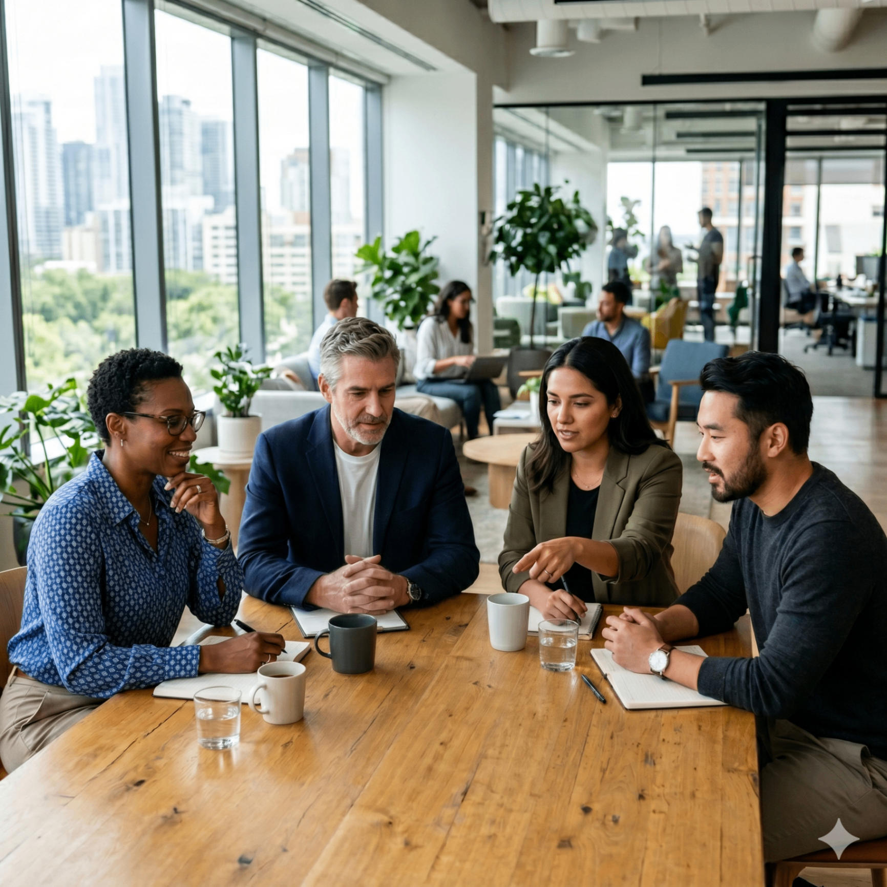 Equipe corporativa diversa em reunião estratégica em escritório moderno